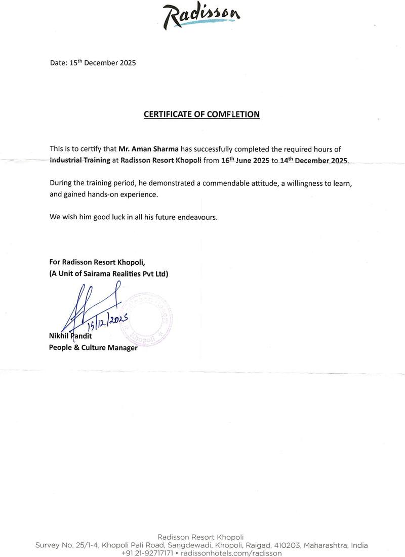 Industrial Training Certificate — Aman Sharma, Radisson Resort Khopoli