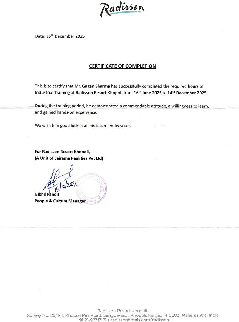 Industrial Training Certificate — Gagan Sharma, Radisson Resort Khopoli