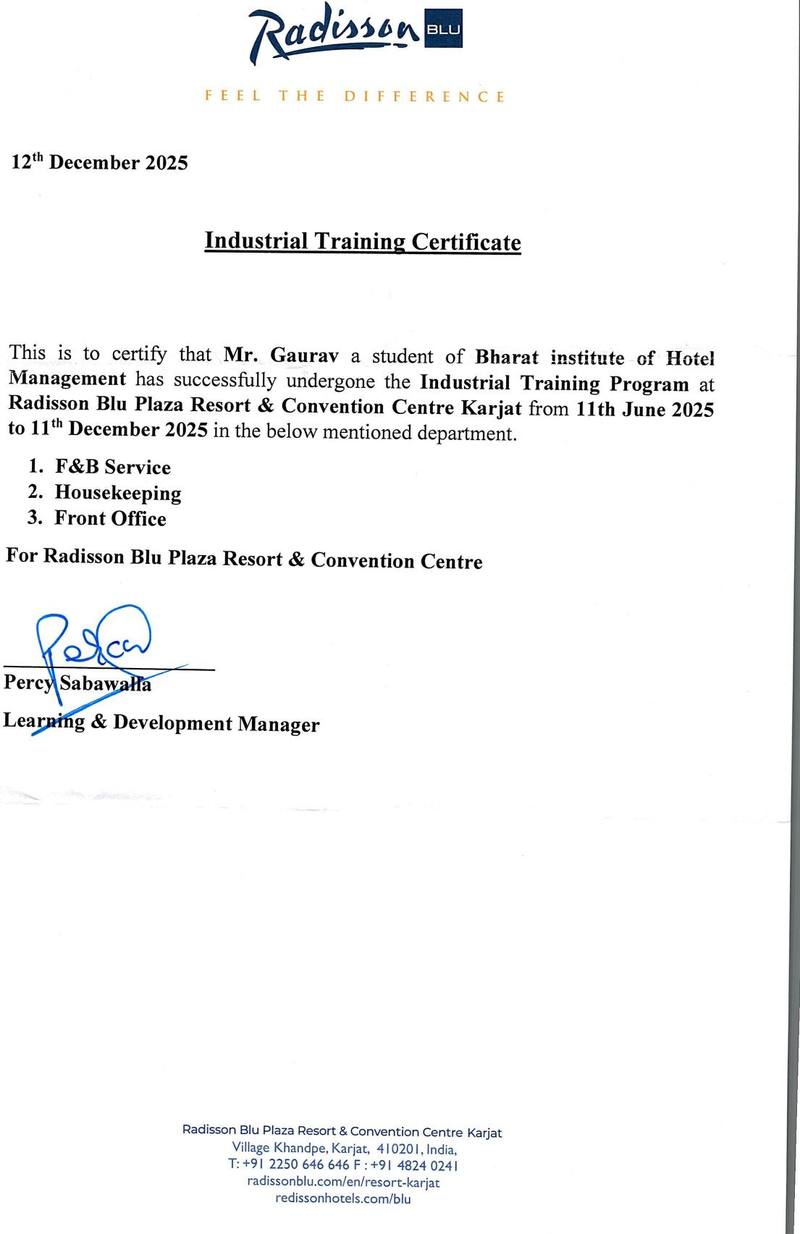 Industrial Training Certificate — Gaurav, Radisson Blu Plaza Karjat
