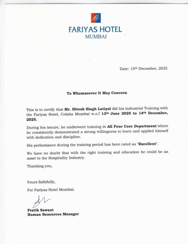 Industrial Training Certificate — Hitesh Singh Latiyal, Fariyas Hotel Mumbai