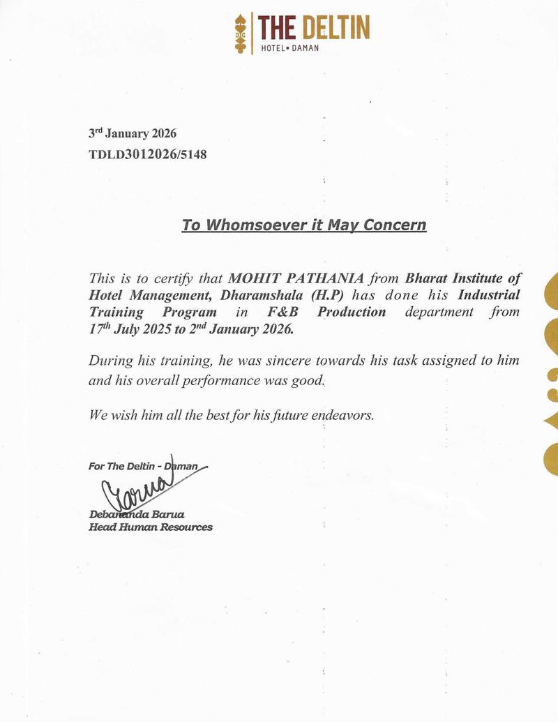 Industrial Training Certificate — Mohit Pathania, The Deltin Daman