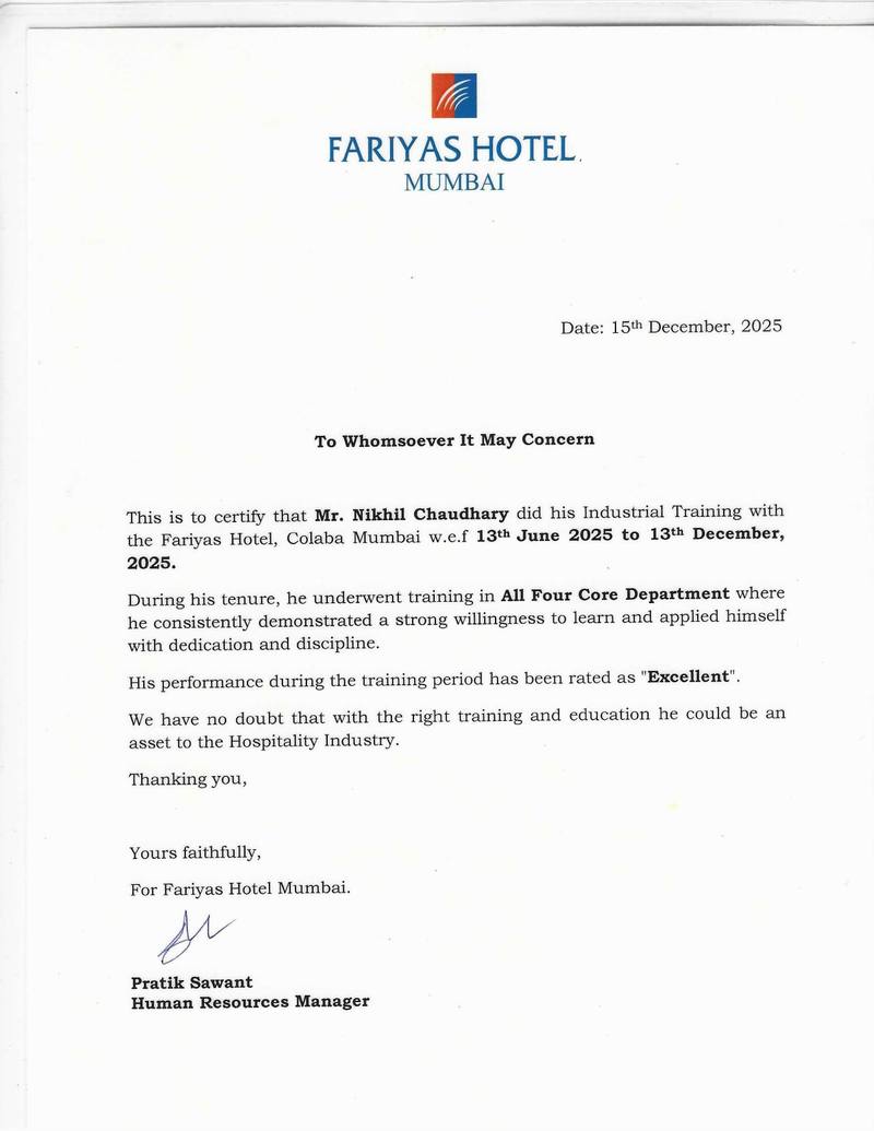 Industrial Training Certificate — Nikhil Chaudhary, Fariyas Hotel Mumbai