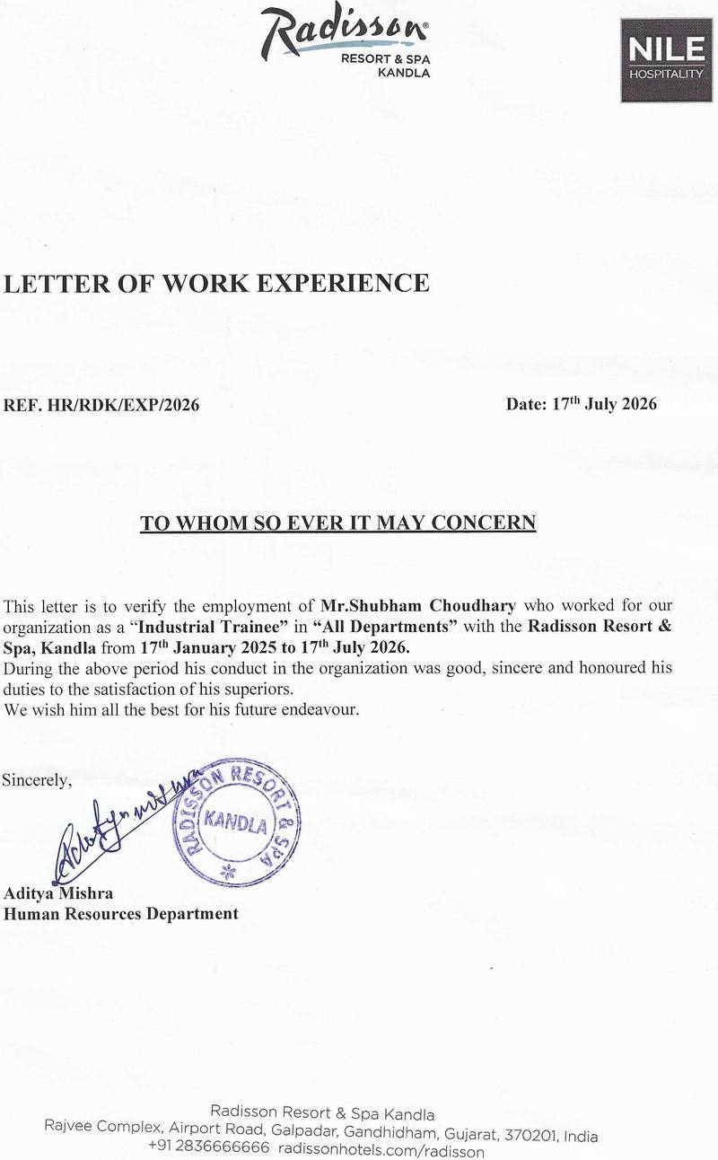 Industrial Training Certificate — Shubham Choudhary, Radisson Resort & Spa Kandla