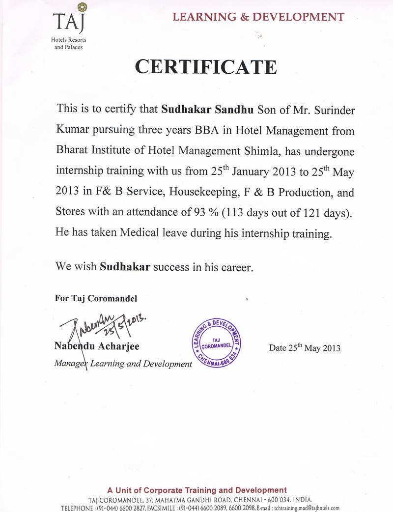 Industrial Training Certificate — Sudhakar Sandhu, Taj Coromandel, Chennai