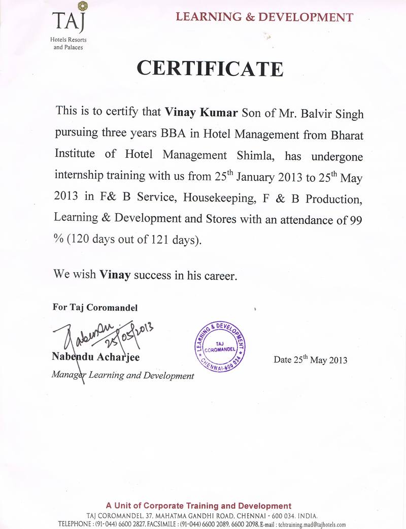 Industrial Training Certificate — Vinay Kumar, Taj Coromandel, Chennai
