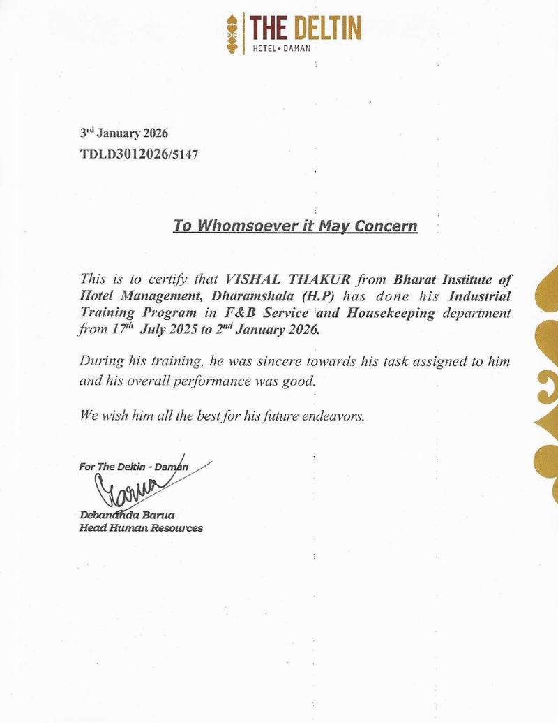Industrial Training Certificate — Vishal Thakur, The Deltin Daman